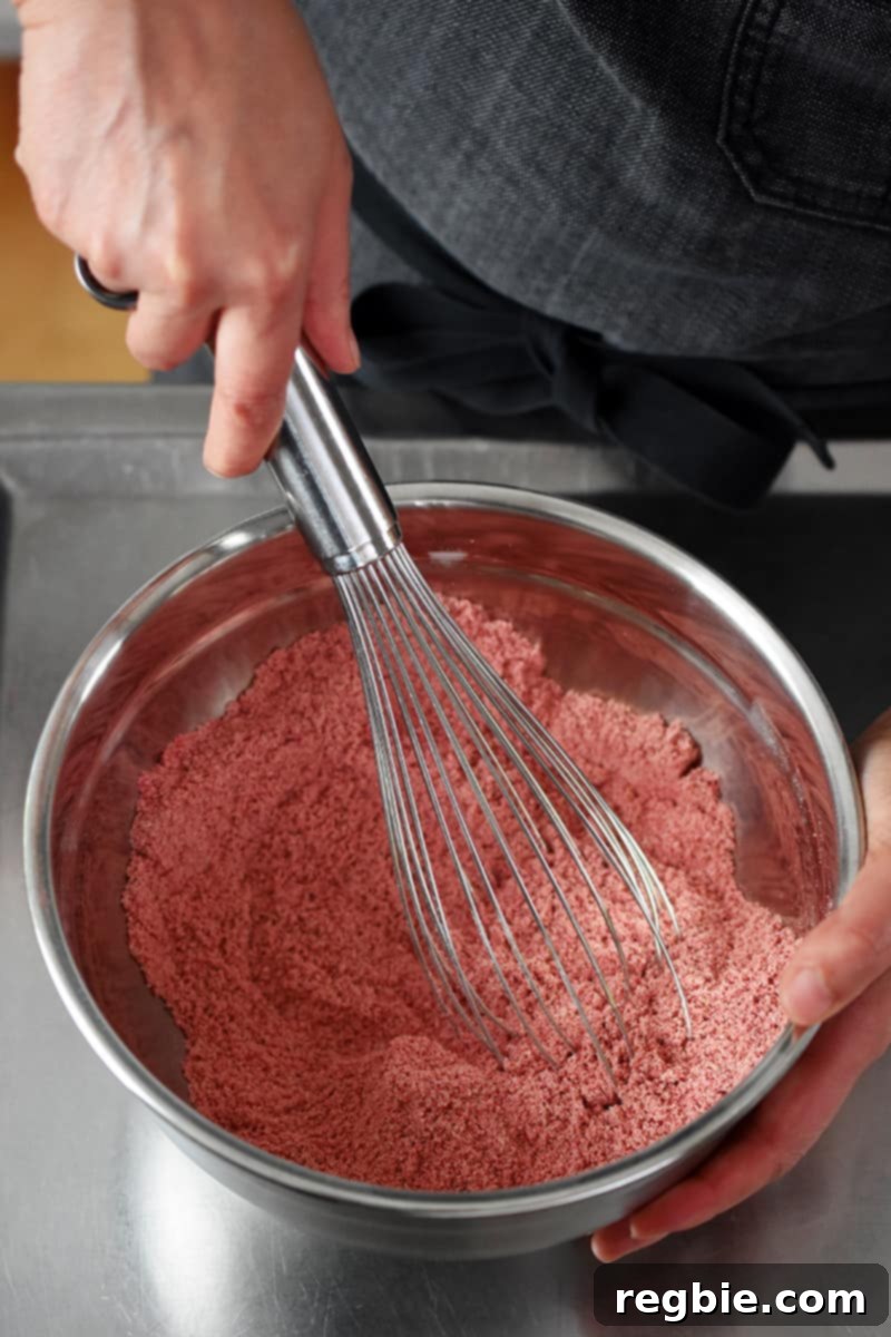 An overhead shot shows someone in a gray apron stirring the vibrant pink-colored dry ingredients with a whisk in a large, polished silver bowl, ensuring they are well combined.