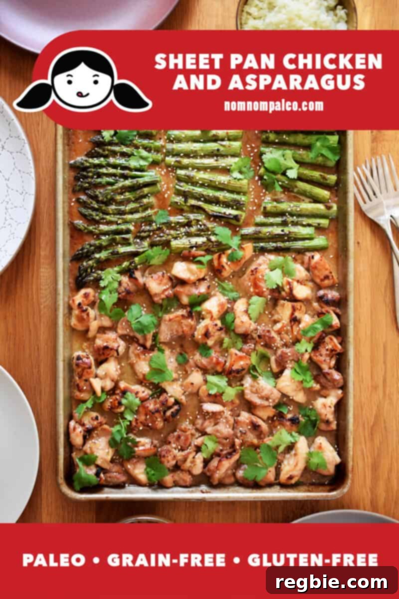 Simple Sheet Pan Chicken & Asparagus: Paleo Perfection 2 An overhead shot of a vibrant sheet pan chicken and asparagus dinner generously topped with fresh cilantro. A red banner at the bottom indicates 'paleo, gluten-free, grain-free'.