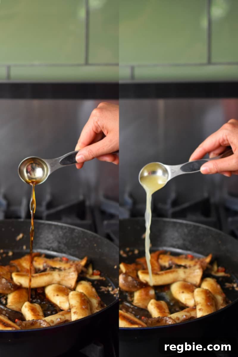 Two shots side by side showing a hand adding a spoonful of fish sauce and a spoonful of lime juice to a cast iron skillet filled with king oyster mushrooms