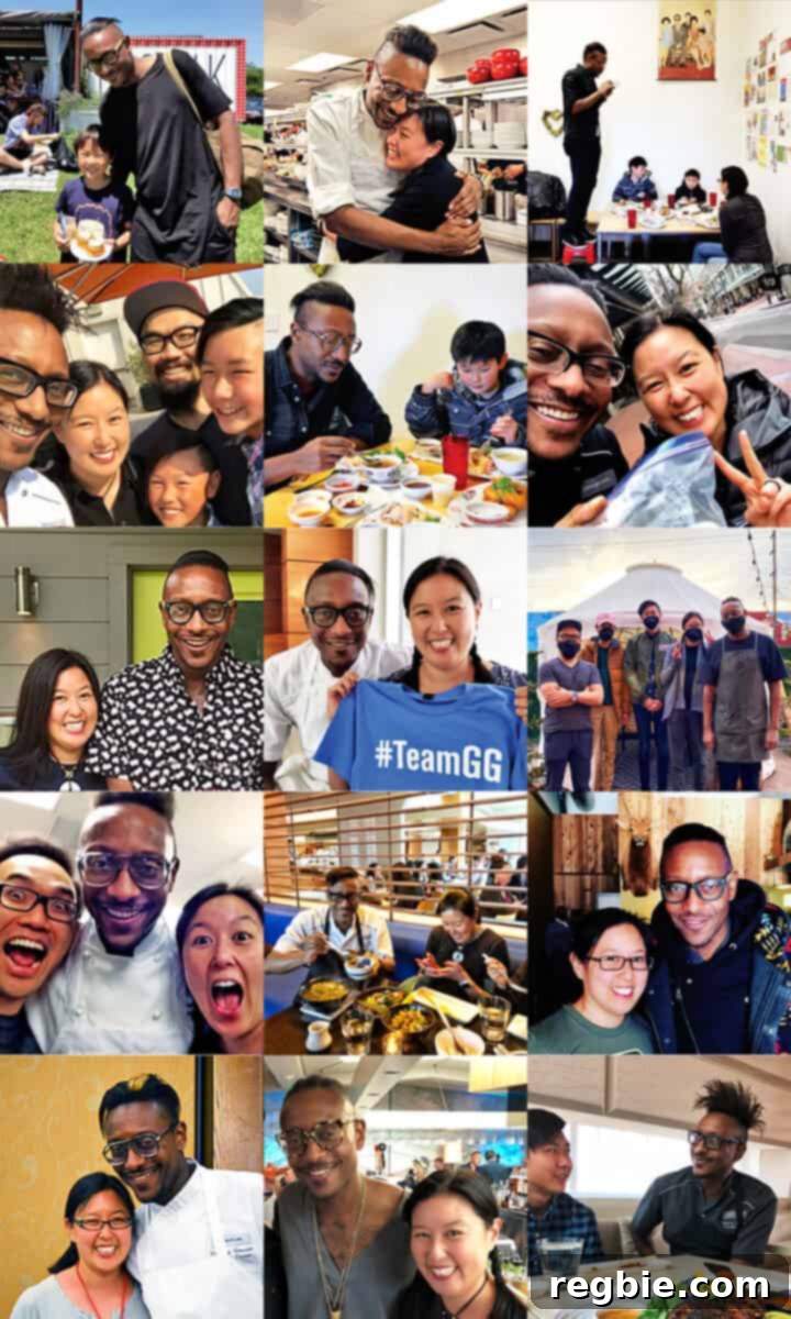 Collage of images of Gregory Gourdet smiling with Michelle Tam, Henry Fong, and various other people through the years.