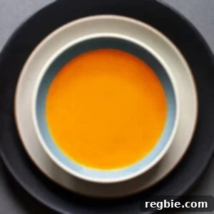 An overhead shot of Carrot Ginger Soup with Cardamom in a shallow soup bowl.