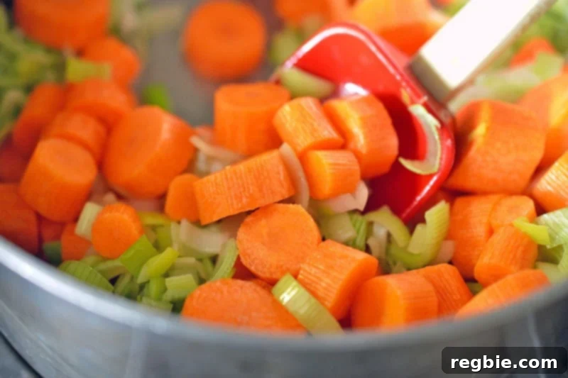 Stirring carrots, leeks, apple, ginger, and cardamom in a saucepan.
