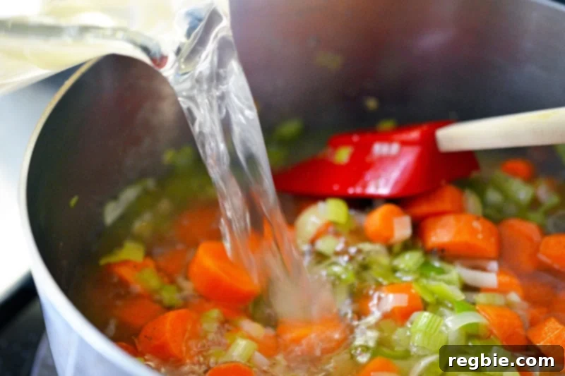 Pouring broth into the saucepan with sautéed ingredients to make Carrot Cardamom Soup.