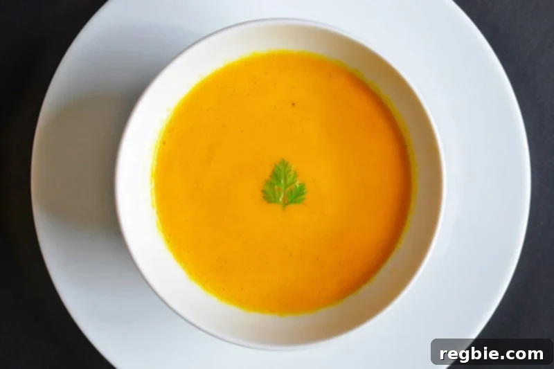 An overhead shot of Carrot Cardamom soup in a white bowl, ready to be served.