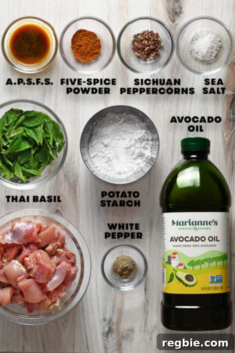 An overhead shot of the raw ingredients to make gluten free and paleo Taiwanese Popcorn Chicken.