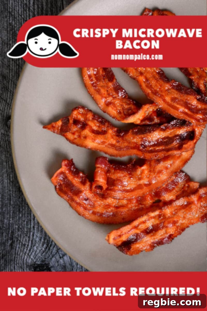 Master Crispy Microwave Bacon: Clean and Waste-Free 2 An overhead shot of a gray plate with crispy microwave bacon on top. There is a red banner that says