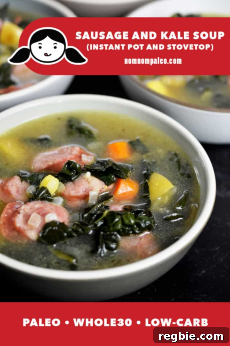 Three bowls of hearty sausage and kale soup, garnished. A banner reads paleo, Whole30, and low carb.