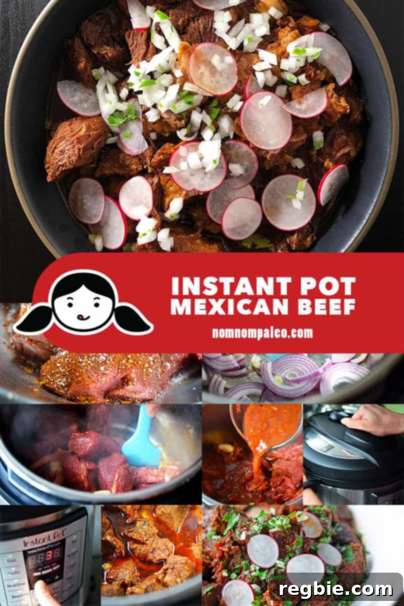 A collage of the cooking steps to make Instant Pot Mexican Beef, illustrating the progression of ingredients being added to the pot.