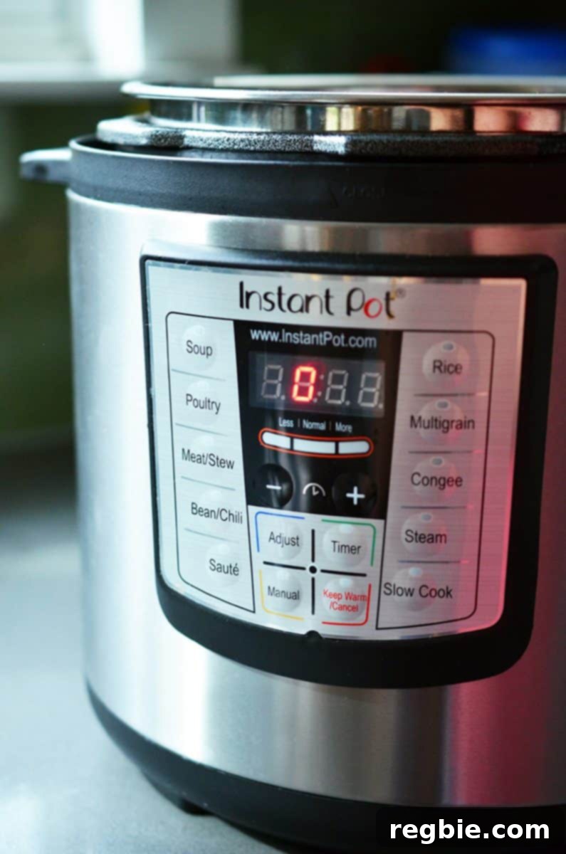 A display of an Instant Pot 7-in-1 from the front, highlighting its sleek design and multiple function buttons.