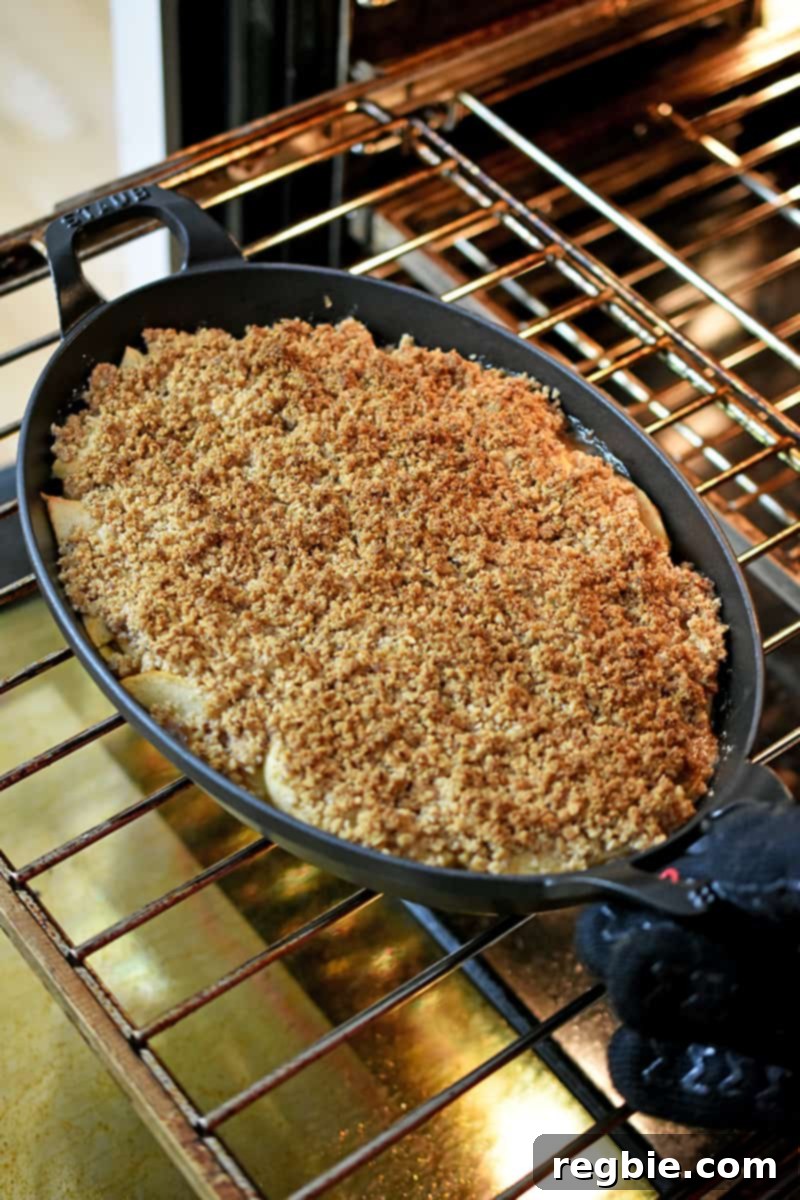 Guilt Free Apple Crisp 18 An open oven filled with an oval baking dish filled with a golden brown paleo and gluten free apple crisp.