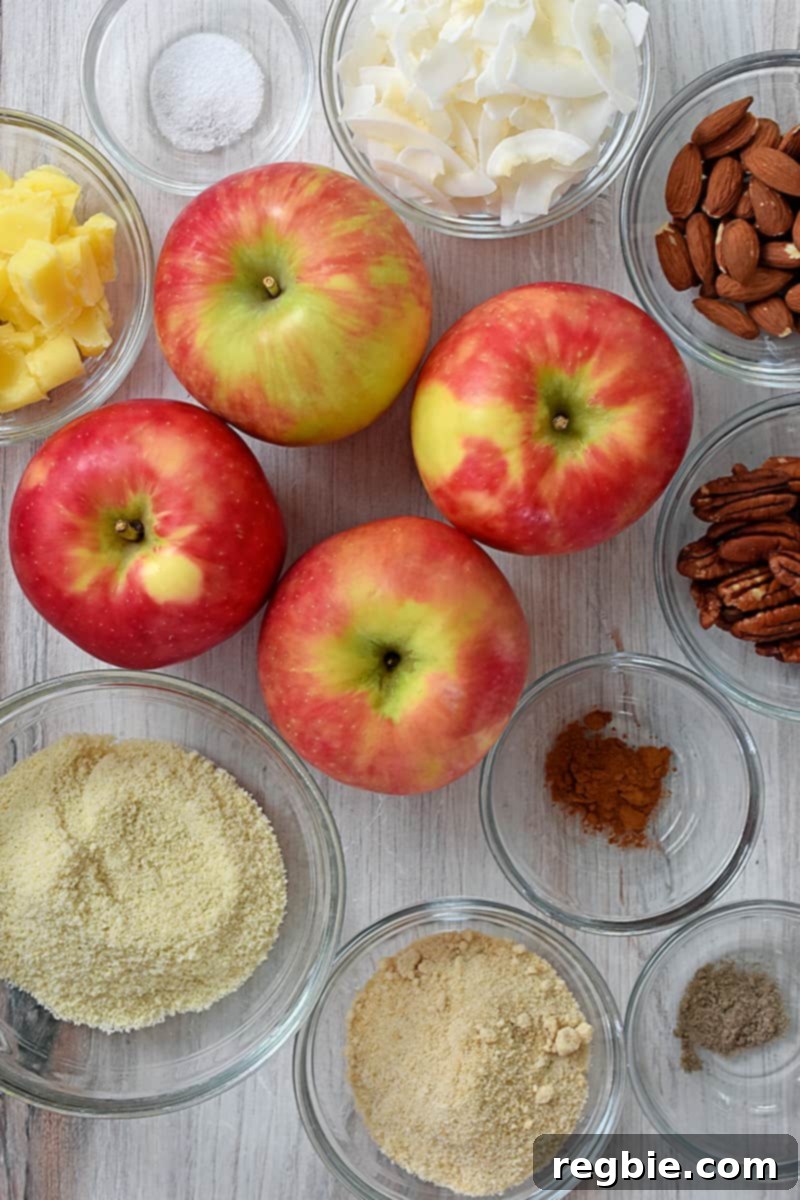 Guilt Free Apple Crisp 6 An overhead shot of the raw ingredients to make a paleo, vegan, and gluten-free apple crisp.