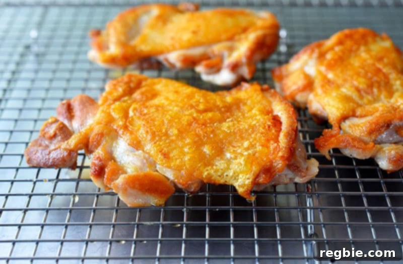 Shatteringly Crispy Chicken Thighs 9 A closeup picture of Cracklin’ Chicken resting on a wire rack.