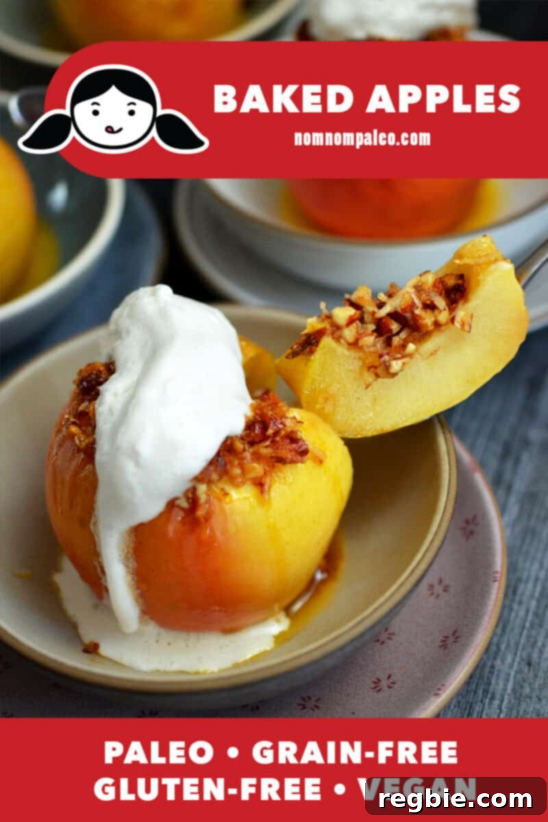 Wholesome Spiced Baked Apples 2 A paleo baked apple is cut open and vanilla ice cream is melting on top. The red banner at the bottom reads paleo, grain-free, gluten-free, and vegan.