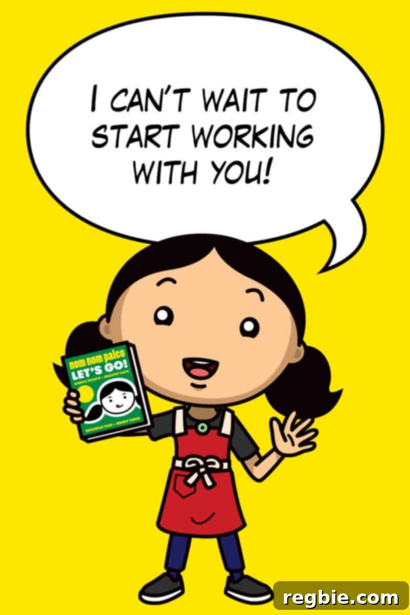 Nom Nom Paleo Lets Go Cookbook Launch Crew 6 A cheerful cartoon depiction of an Asian woman in a red apron, with a speech bubble saying,