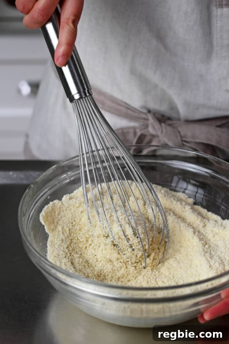 A whisk is diligently combining almond flour, tapioca flour, and salt in a glass bowl, preparing the dry ingredients for the paleo thumbprint cookie dough.