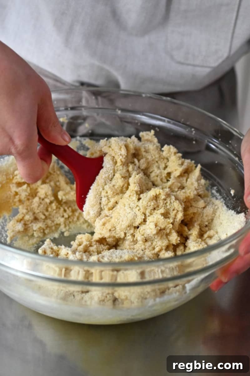 A red spatula is used to combine the wet and dry ingredients in a glass bowl, forming the paleo cookie dough.