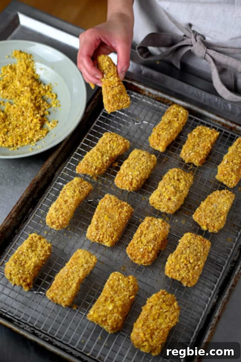 An overhead shot of uncooked battered fish sticks arranged neatly on a wire rack, ready for the air fryer or oven.