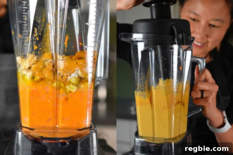 Blending the ingredients for the sweet potato and cashew dip.