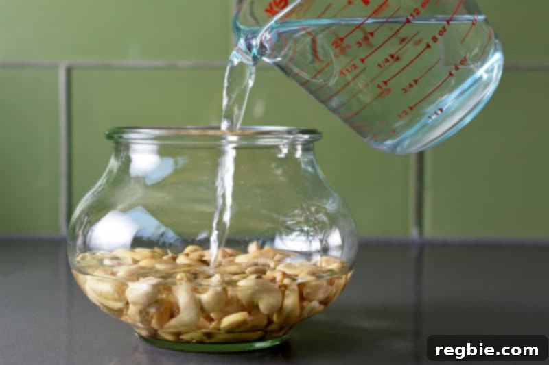 Someone pouring water in a bowl with cashews to soak.