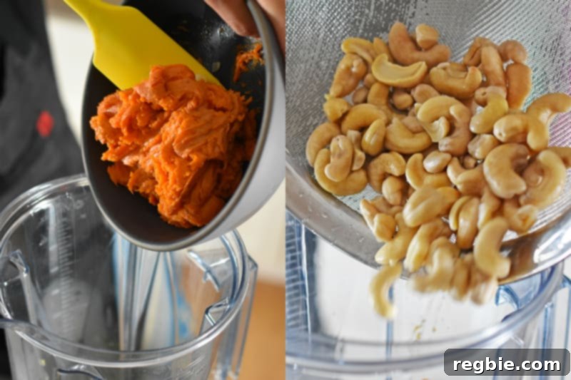 Someone adding cooked sweet potatoes and soaked cashews into a blender.
