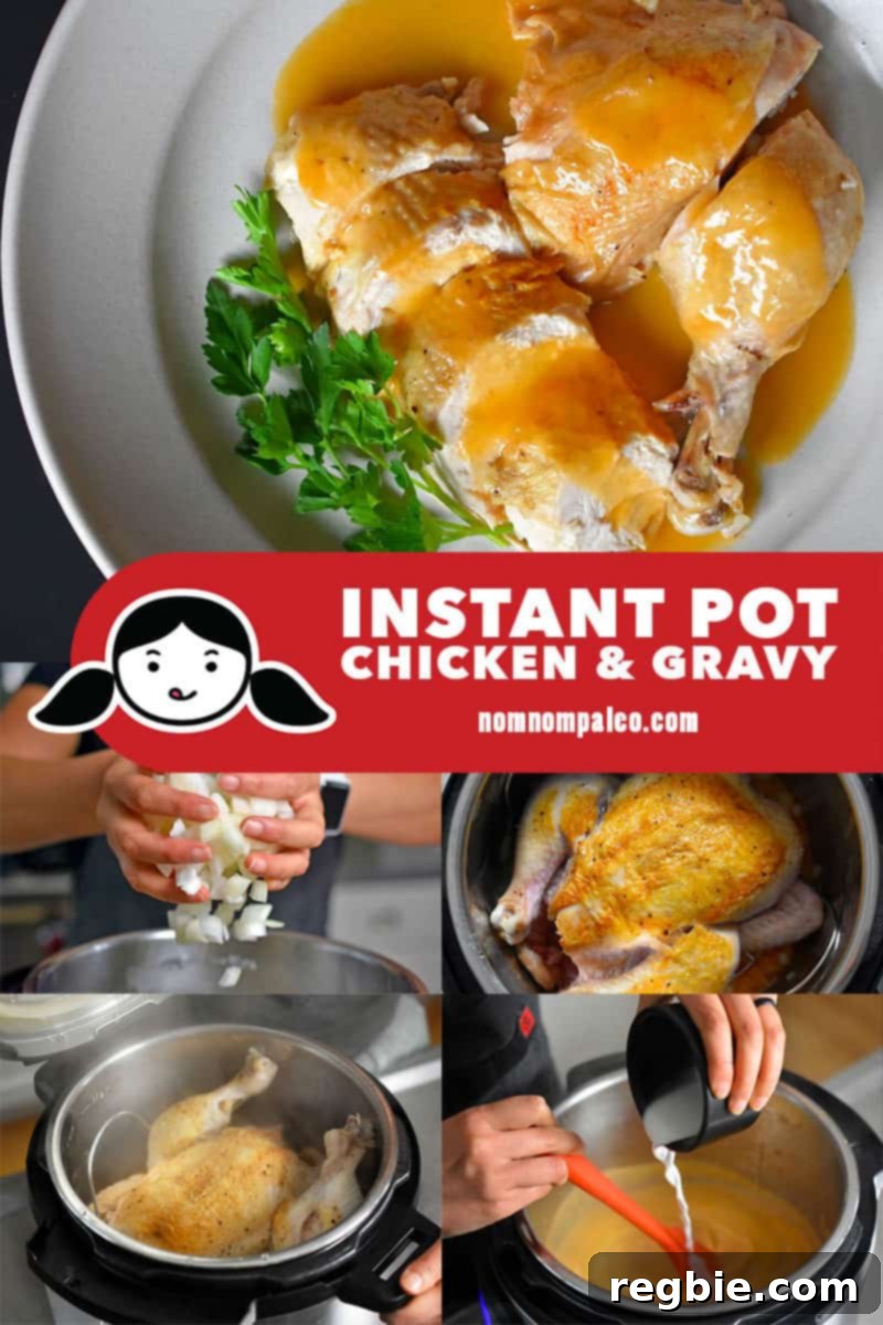 A visual collage illustrating the step-by-step cooking process for Instant Pot Chicken & Gravy, from seasoning to sautéing.