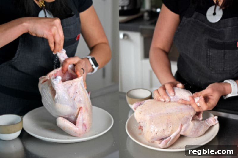 A woman seasoning a whole chicken with kosher salt and pepper, preparing it for the Instant Pot.
