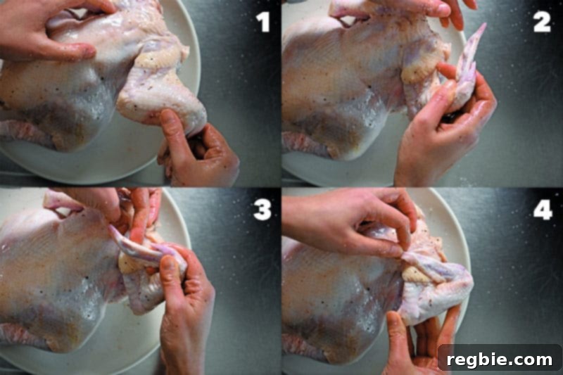 A four-panel image demonstrating the technique of tucking a chicken's wings behind its back for even cooking.