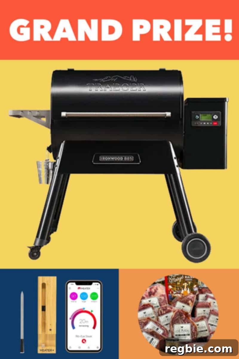 Ready Set Sweepstakes 3 A collage featuring the three exceptional grand prize items for the Nom Nom Paleo Let's Go sweepstakes: a cutting-edge Traeger Ironwood Series 885 Pellet Grill, a smart Meater Plus thermometer, and a gourmet beef and pork pack from Five Marys Farms, promising an unparalleled cooking experience.