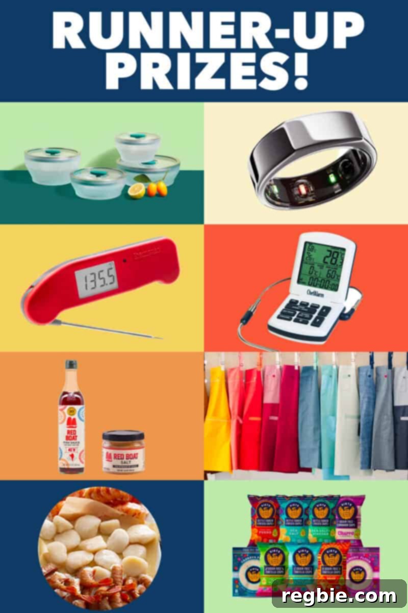 Ready Set Sweepstakes 4 A dynamic collage showcasing the exciting runner-up prizes for the Nom Nom Paleo: Let's Go sweepstakes, including Anyday cookware, an Oura Ring, Thermapen and ChefAlarm, Red Boat fish products, a Hedley & Bennett apron, Vital Choice shellfish, and Siete grain-free foods.