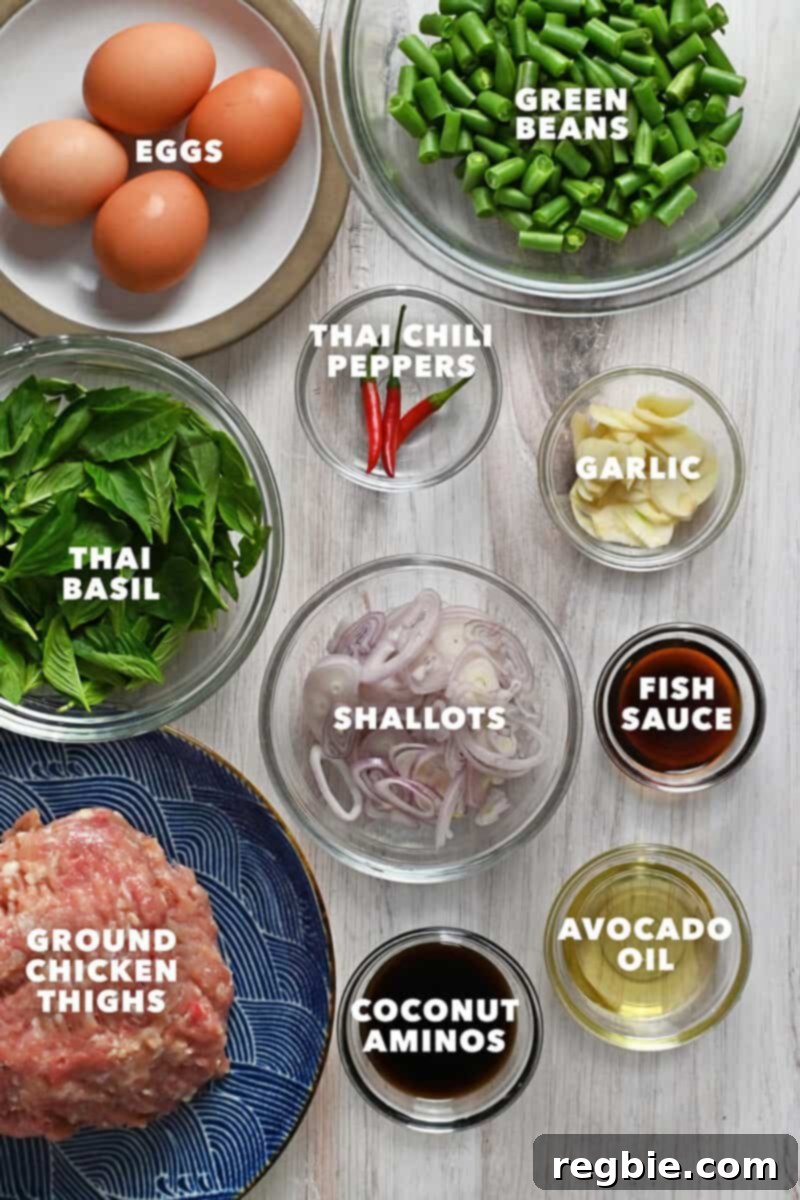 An overhead shot of the raw ingredients for paleo, Whole30, and keto Thai basil chicken