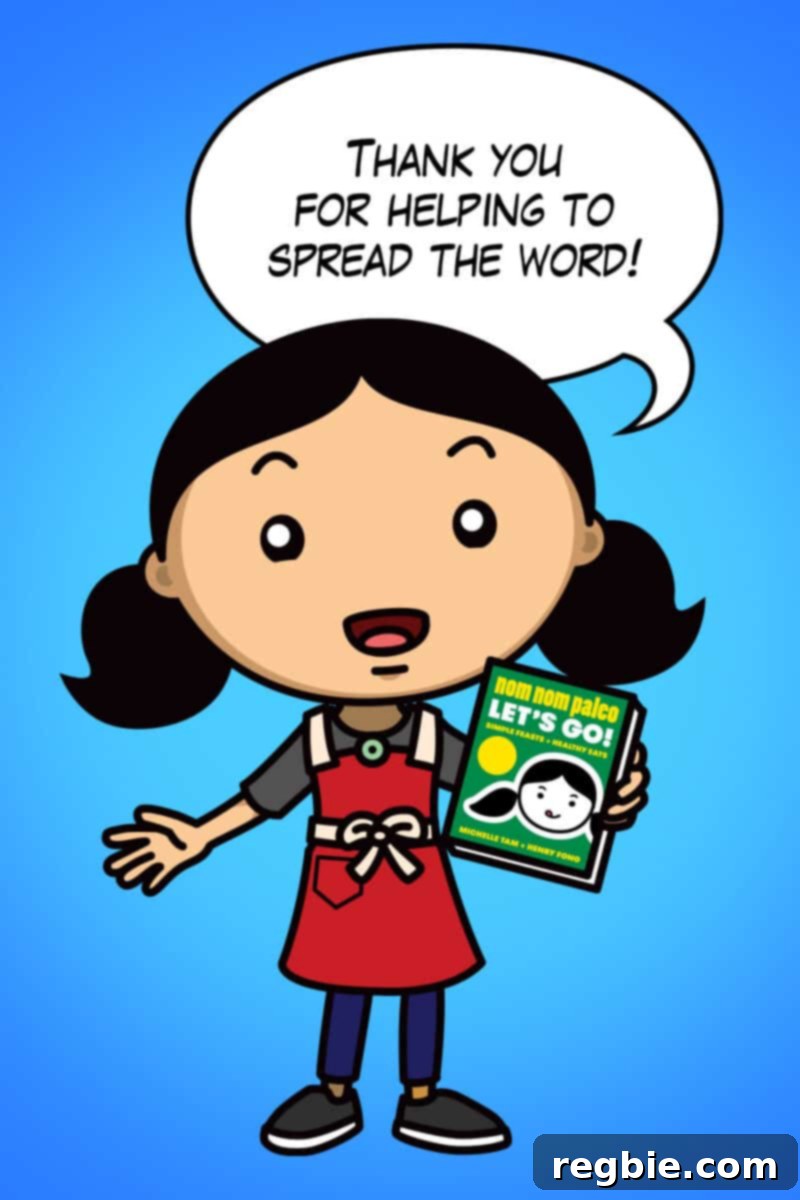 Nom Nom Paleo: Your Flavor Journey Begins 6 Cartoon image of Michelle Tam holding a copy of Nom Nom Paleo: Let's Go cookbook and saying:
