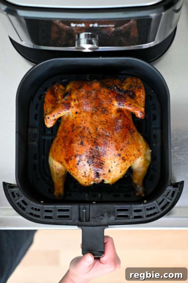 Golden Crispy Air Fried Whole Chicken 12 An open air fryer showing a golden brown whole chicken, breast side down, partway through the cooking process.
