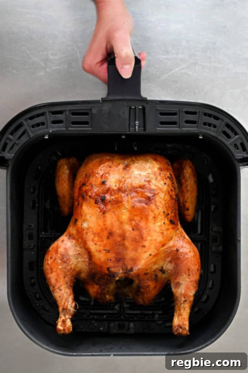 Golden Crispy Air Fried Whole Chicken 14 An overhead shot of an air fryer basket with a fully cooked, golden brown whole chicken, ready for resting and carving.