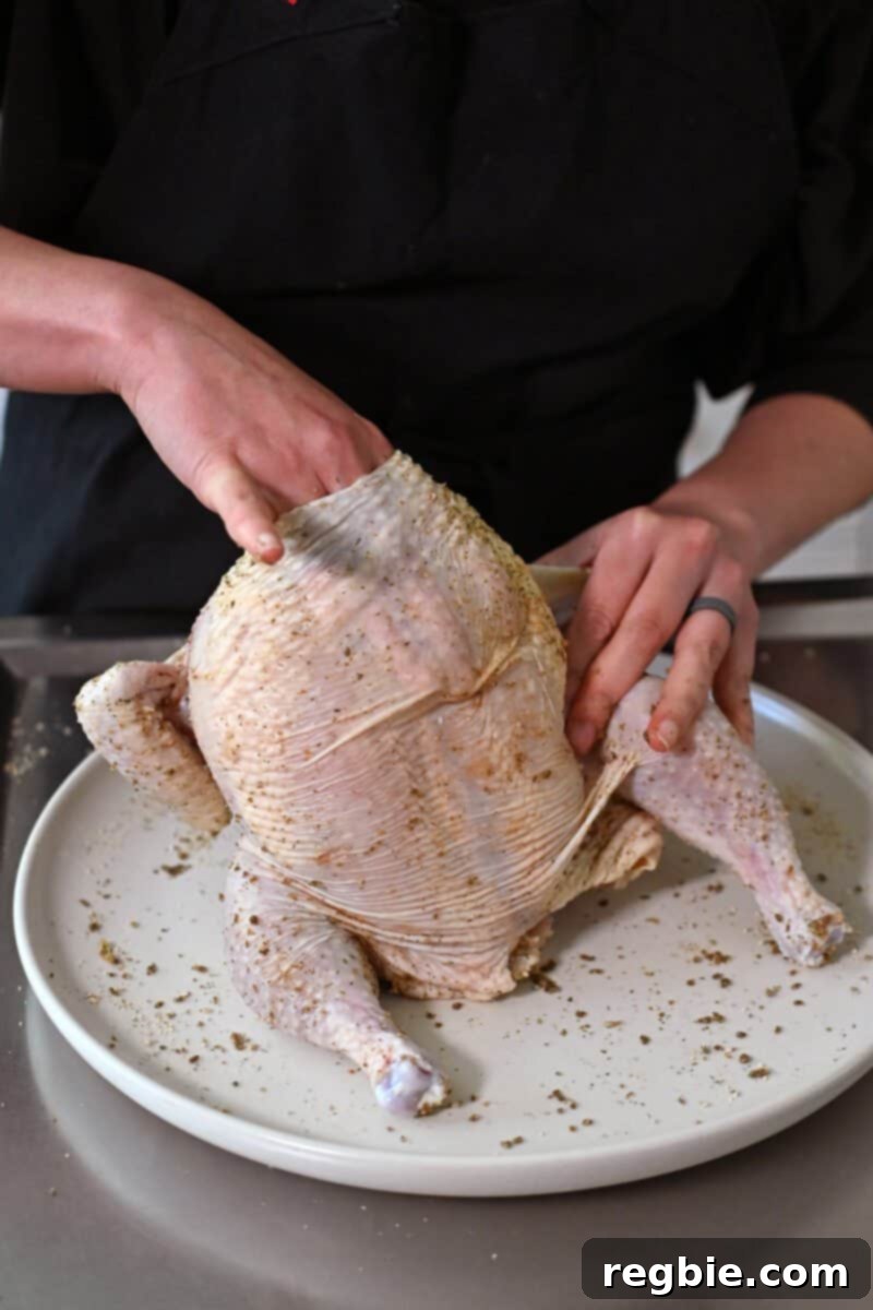 Golden Crispy Air Fried Whole Chicken 9 A hand is separating the skin from the breast meat of a whole chicken and adding seasoning directly onto the meat, a technique for enhanced flavor.