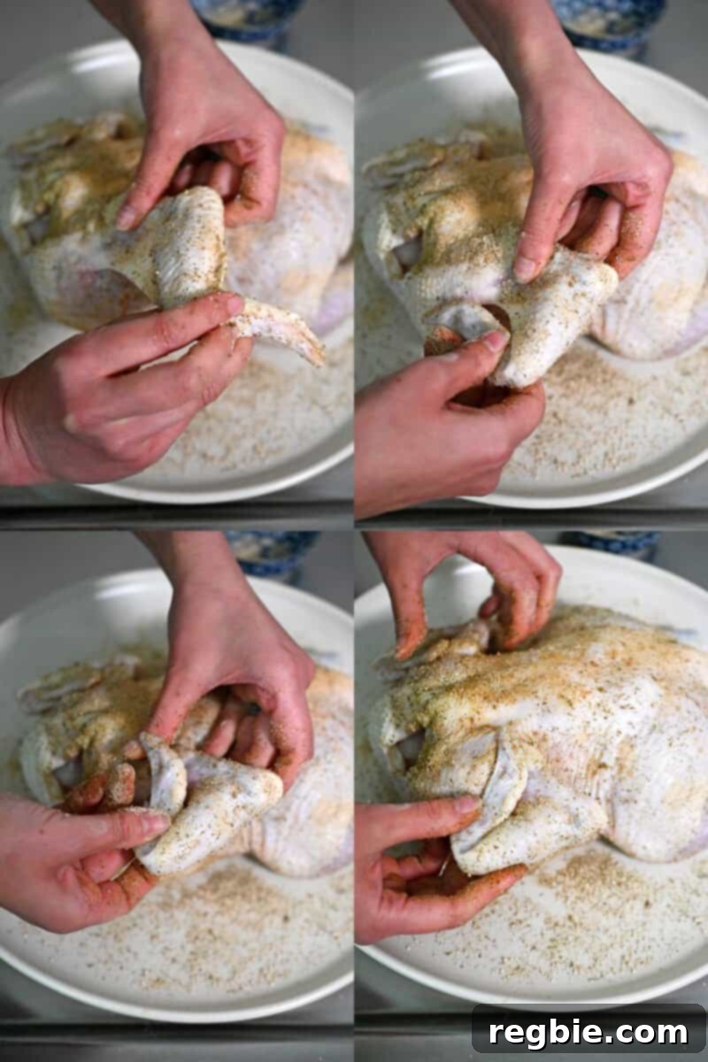 Golden Crispy Air Fried Whole Chicken 10 Hands are tucking the wings behind the back of a raw, seasoned chicken, a preparation step for even cooking.