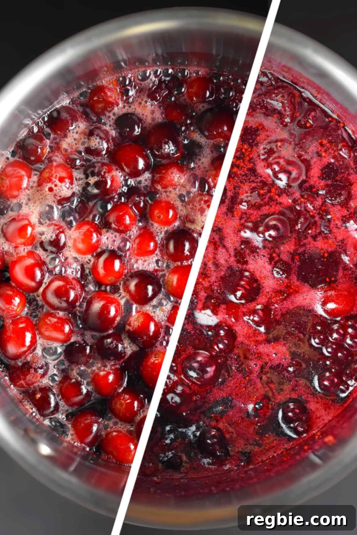 A split photograph that shows the before and after of how paleo cranberry sauce should look in a saucepan after it has simmered for the correct amount of time, transitioning from separate fruits to a cohesive, thickened sauce.