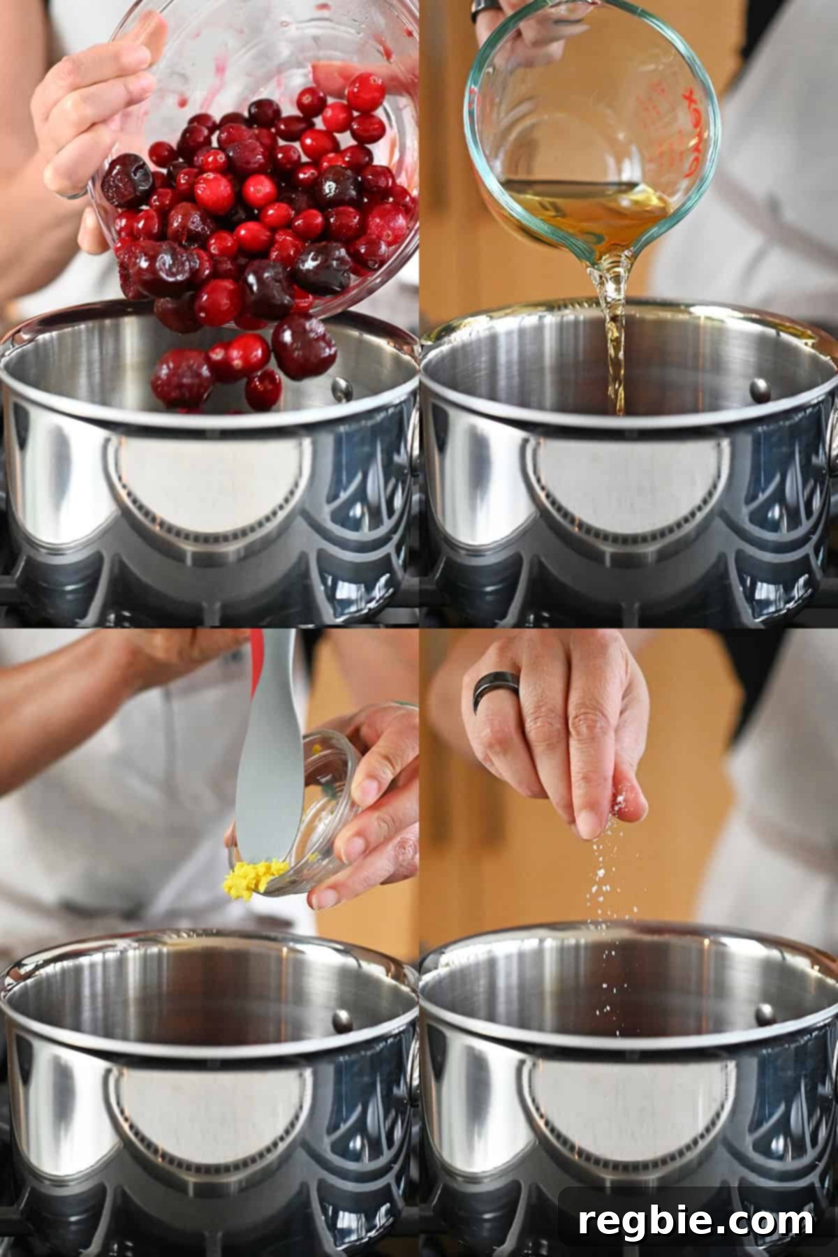 Four sequential shots showing the addition of frozen cherries and cranberries, apple juice, minced ginger, and salt to a saucepan to prepare paleo cranberry sauce.