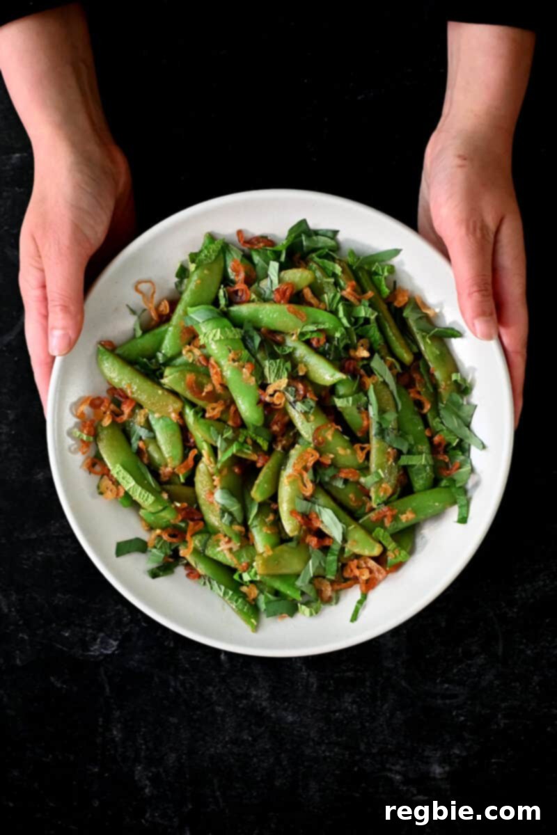 Speedy Southeast Asian Snap Pea Sensation 3 Two hands are holding a shallow dish filled with sautéed sugar snap peas, garnished with fresh mint, Thai basil, a squeeze of lime, and crispy shallots, highlighting its fresh appeal.