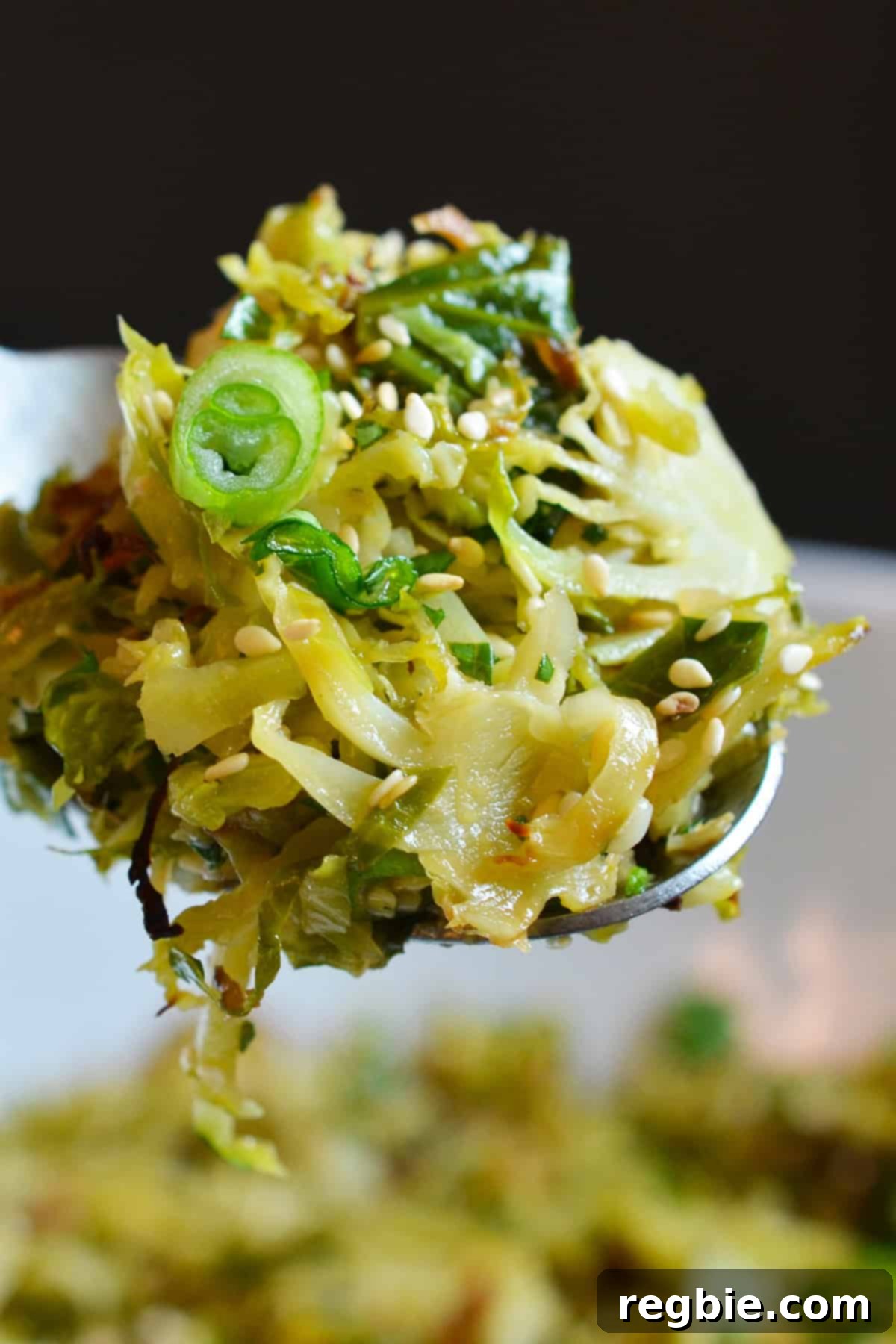 A closeup of a spoonful of roasted Brussels sprouts salad with Asian citrus dressing, showcasing the rich flavors and textures, ready to be savored.