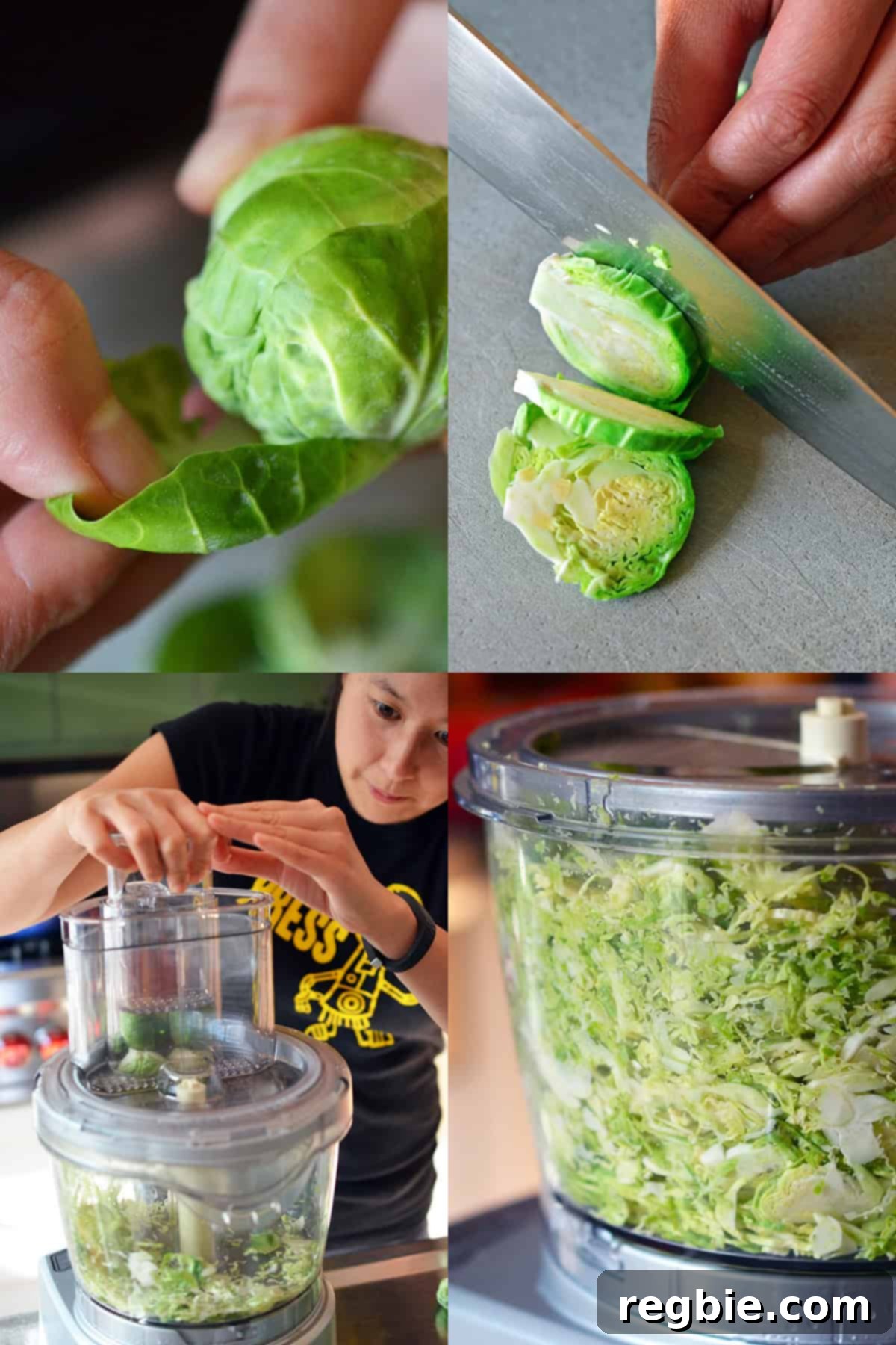 A hand peeling off the damaged outer leaves of a Brussels sprout before thinly cutting them with a chef's knife or efficiently processing them with a food processor, highlighting the preparation steps.