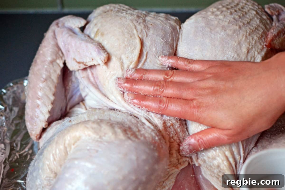 Massaging kosher salt liberally over the skin of a raw spatchcock turkey for dry brining.