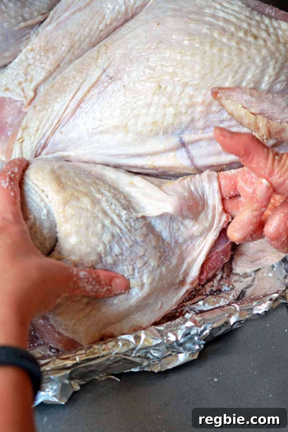 A hand gently separating the skin from the thigh meat on a raw spatchcock turkey to apply salt.