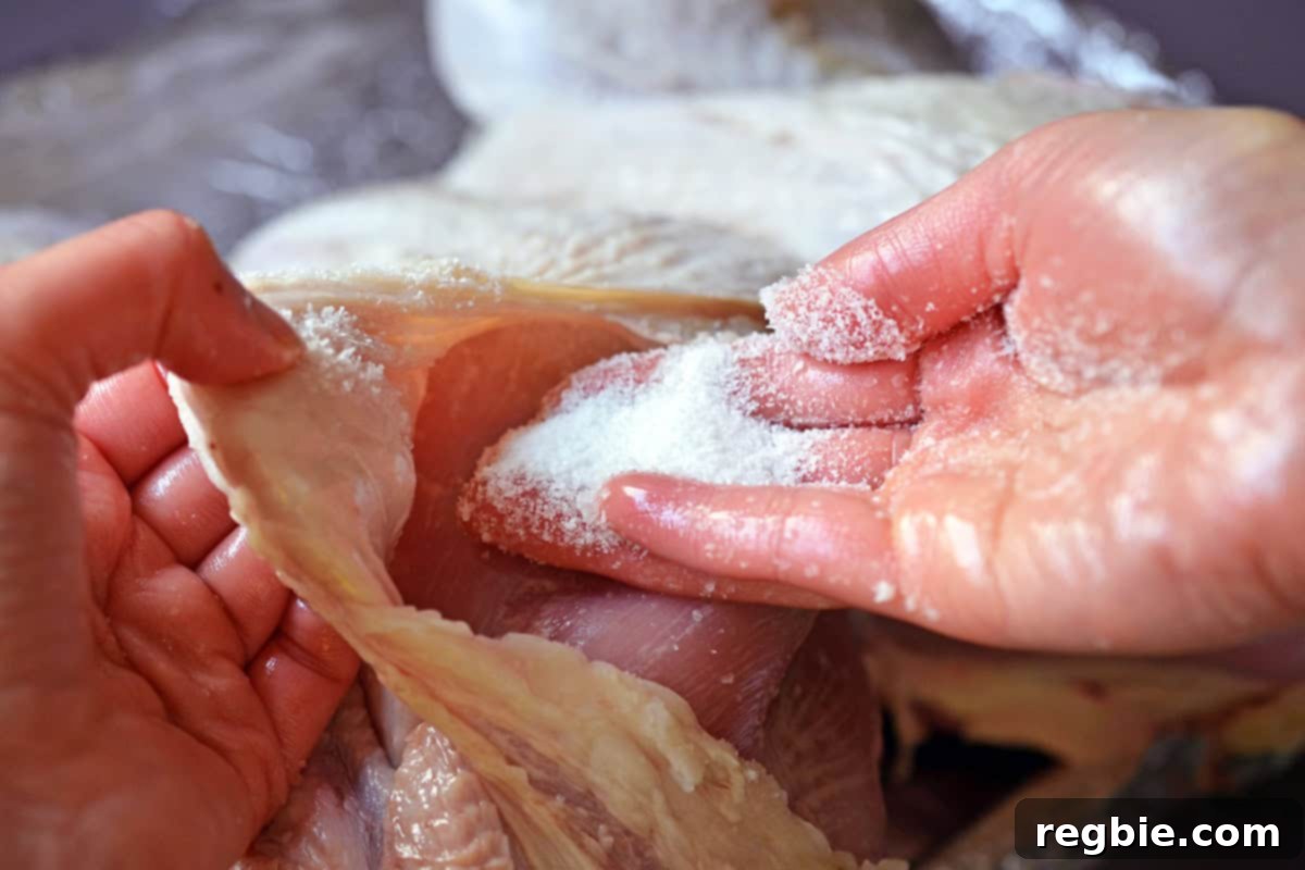 Applying kosher salt directly under the skin of a raw spatchcock turkey breast for flavor.