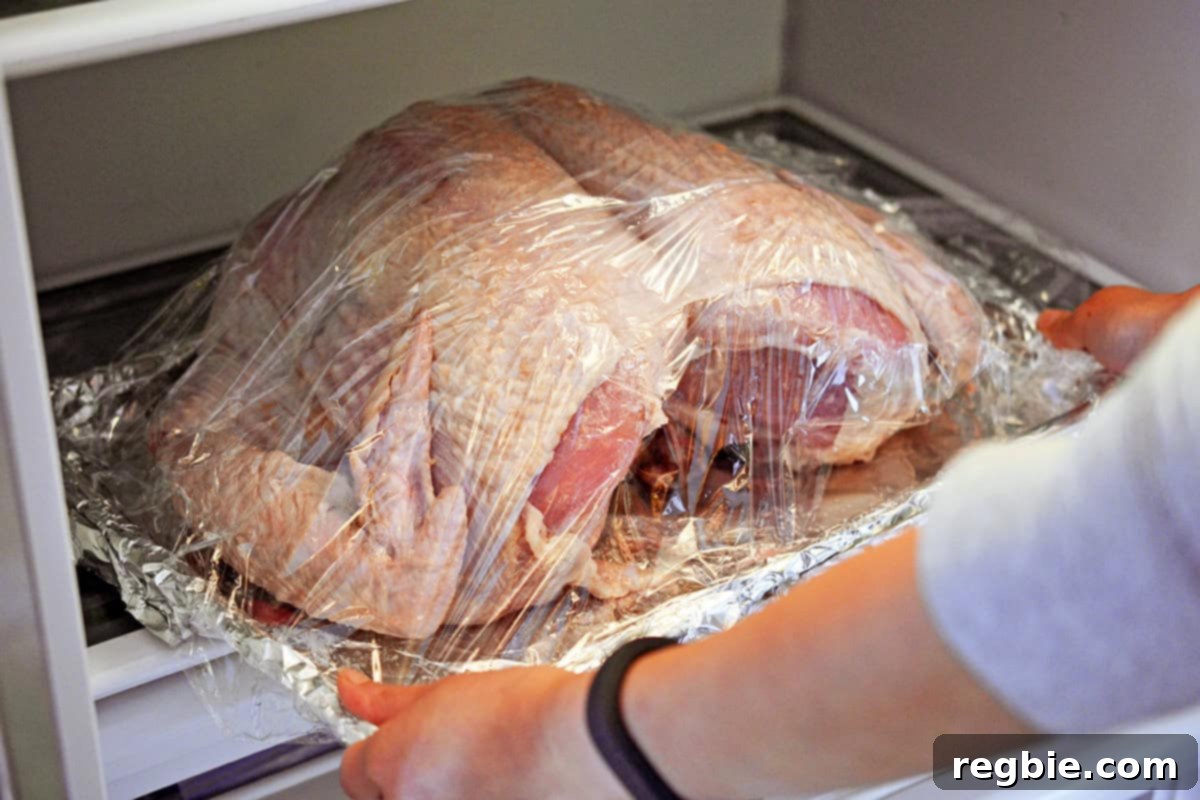 A dry-brined spatchcock turkey, loosely covered with plastic wrap, resting in the refrigerator.