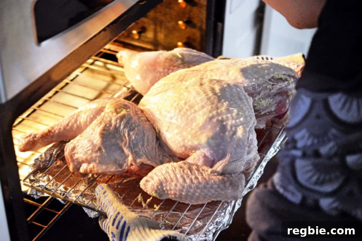 A spatchcock turkey, on a wire rack in a rimmed baking sheet, being carefully placed into a hot oven to roast.