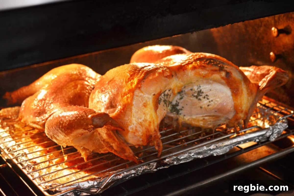 A golden brown spatchcock turkey is roasting in an open oven, showcasing its even browning.