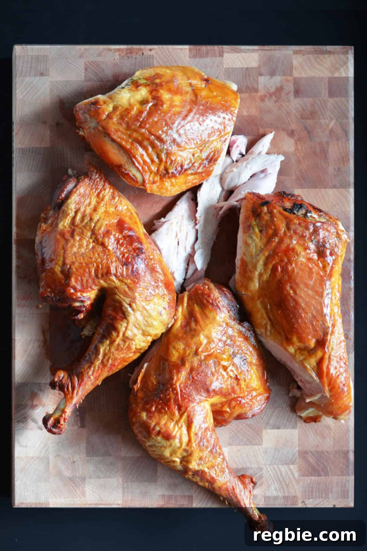 A spatchcock turkey expertly cut into large, serving-ready pieces on a wooden cutting board.