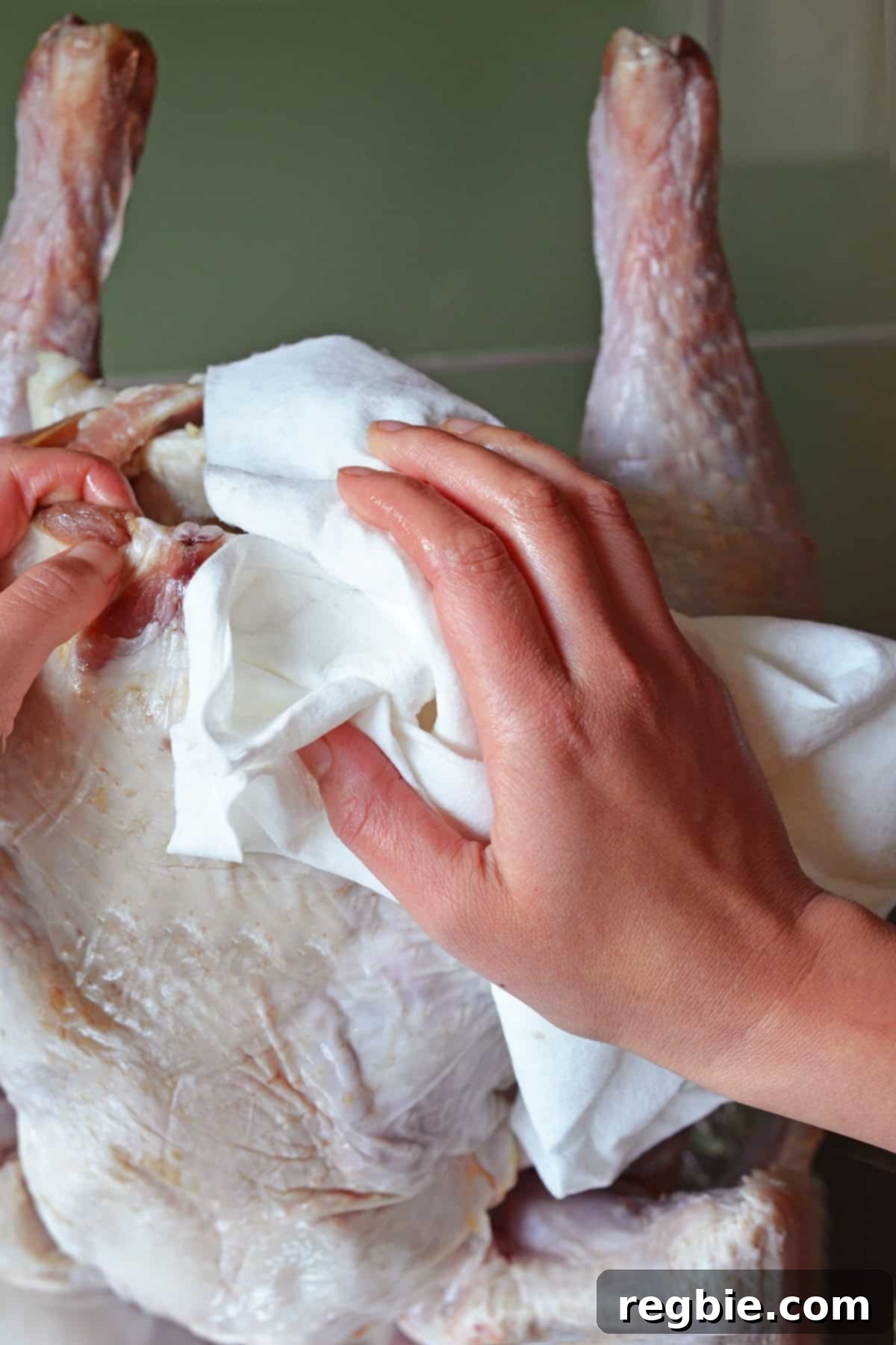 Patting a raw turkey dry with paper towels to ensure crispy skin before spatchcocking.