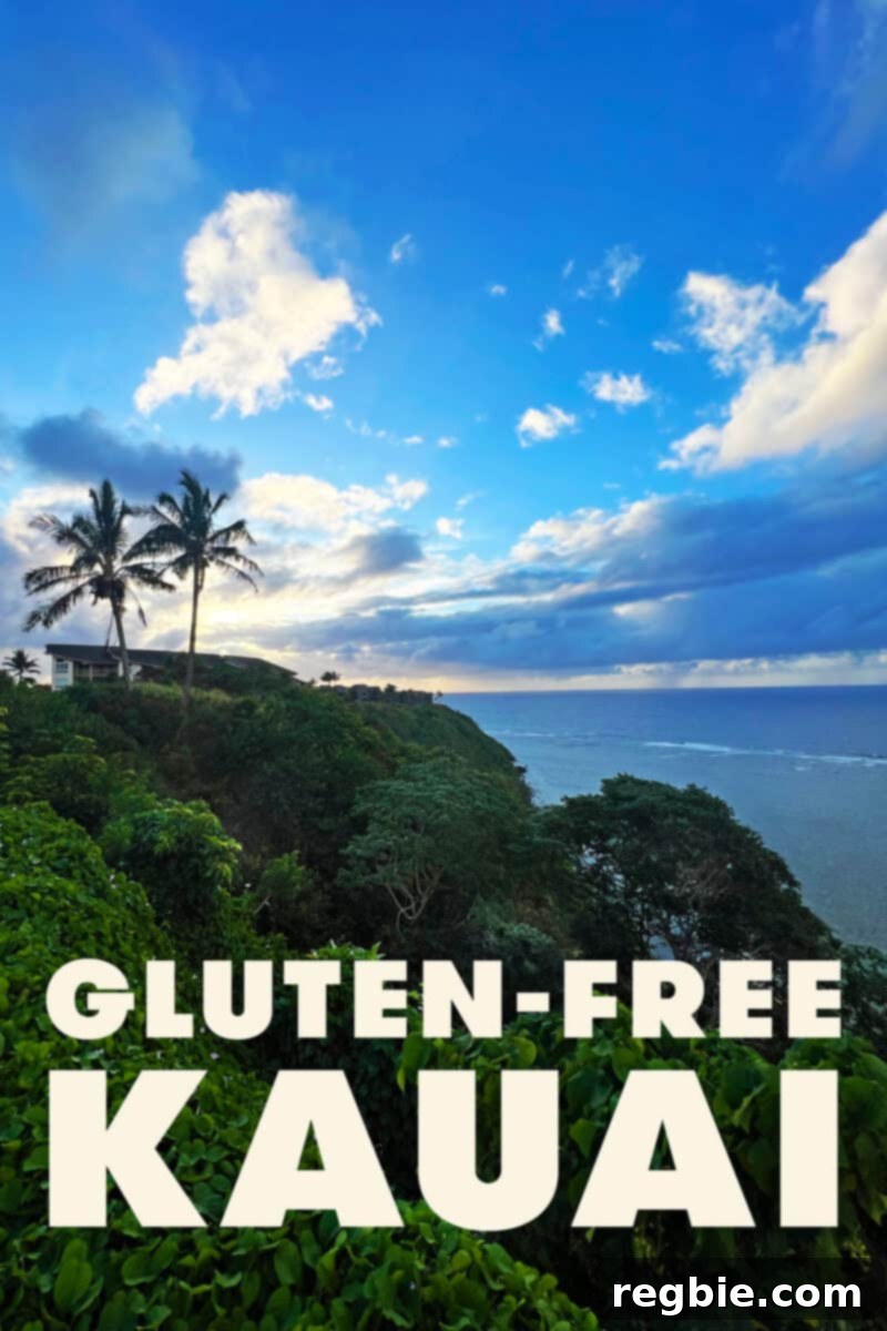 A breathtaking sunset over the rugged coast of Kauai, with text overlaying 'Gluten-Free Kauai' against the vibrant sky and ocean. This serene landscape hints at the culinary adventures within.