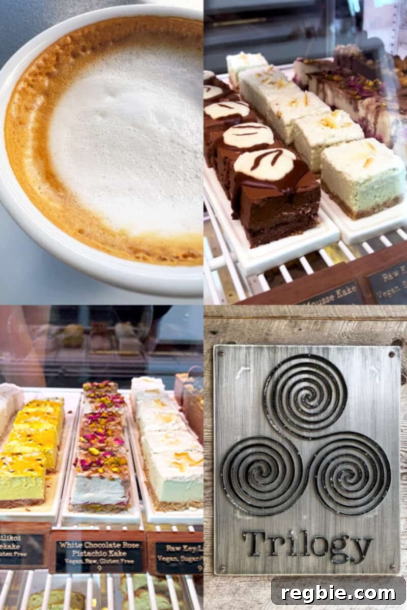 A delightful collage showcasing various coffee drinks and an array of tempting raw vegan desserts available at Trilogy Coffee in Kauai.